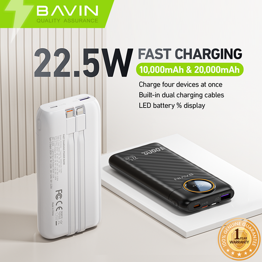 BAVIN PC1152 10000mAh / PC1153 20000mAh 22.5W Fast Charging Powerbank w/ LED Display+ Built-in Cable
