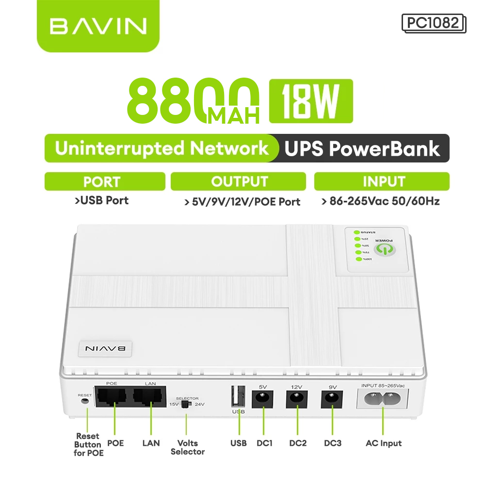 BAVIN PC1083 36W 10400mAh/PC1082 18W 8800mAh Mini UPS Powerbank Uninterrupted Backup Battery Supply