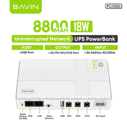 BAVIN PC1083 36W 10400mAh/PC1082 18W 8800mAh Mini UPS Powerbank Uninterrupted Backup Battery Supply