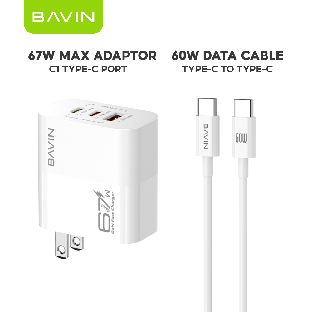 BAVIN PC2133 3in1 67W GaN Fast Charging Charger Dual Type-C + USB Ports w/ 1m Cable for Laptop, Phones