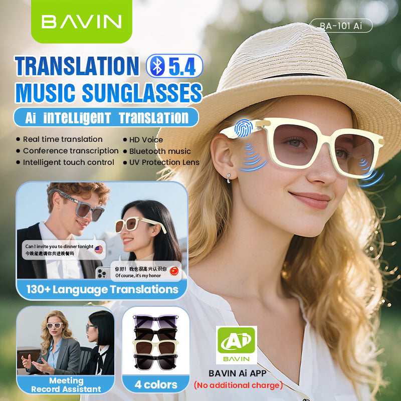 BAVIN BA101 Ai Smart Translation Sunglasses BT 5.4 w/ 130+ Languages, Open-Ear Hi-Fi Sound, Touch Control & UV Protection