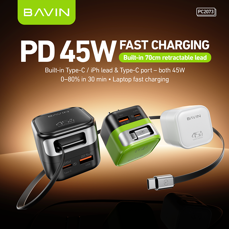 BAVIN C-PC2073 45W PD Fast Charger w/ Built-in Retractable Type-C & iPh Cable, Compatible w/ Smartphone / Laptop & Tablets
