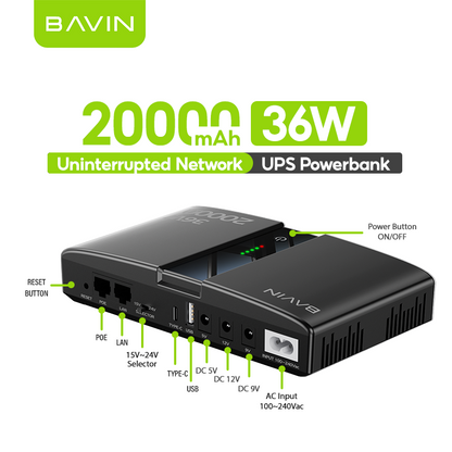 BAVIN PC1238 Portable 18W/36W 20000mAh UPS Uninterrupted Backup Powerbank for PoE Sensor, Router, CCTV