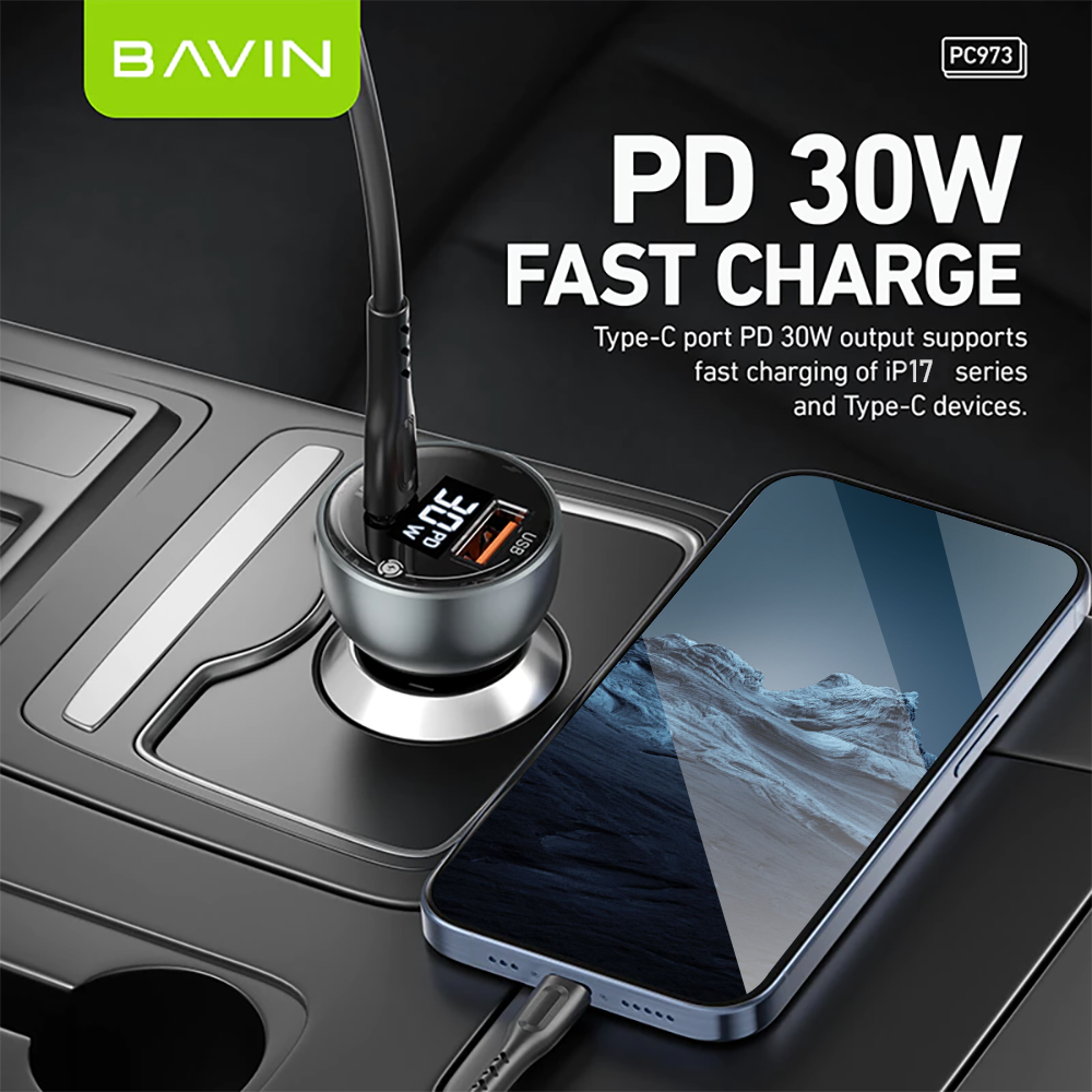 BAVIN C-C-PC973 PD30W Fast Car Charger w/ QC3.0 & LED Display
