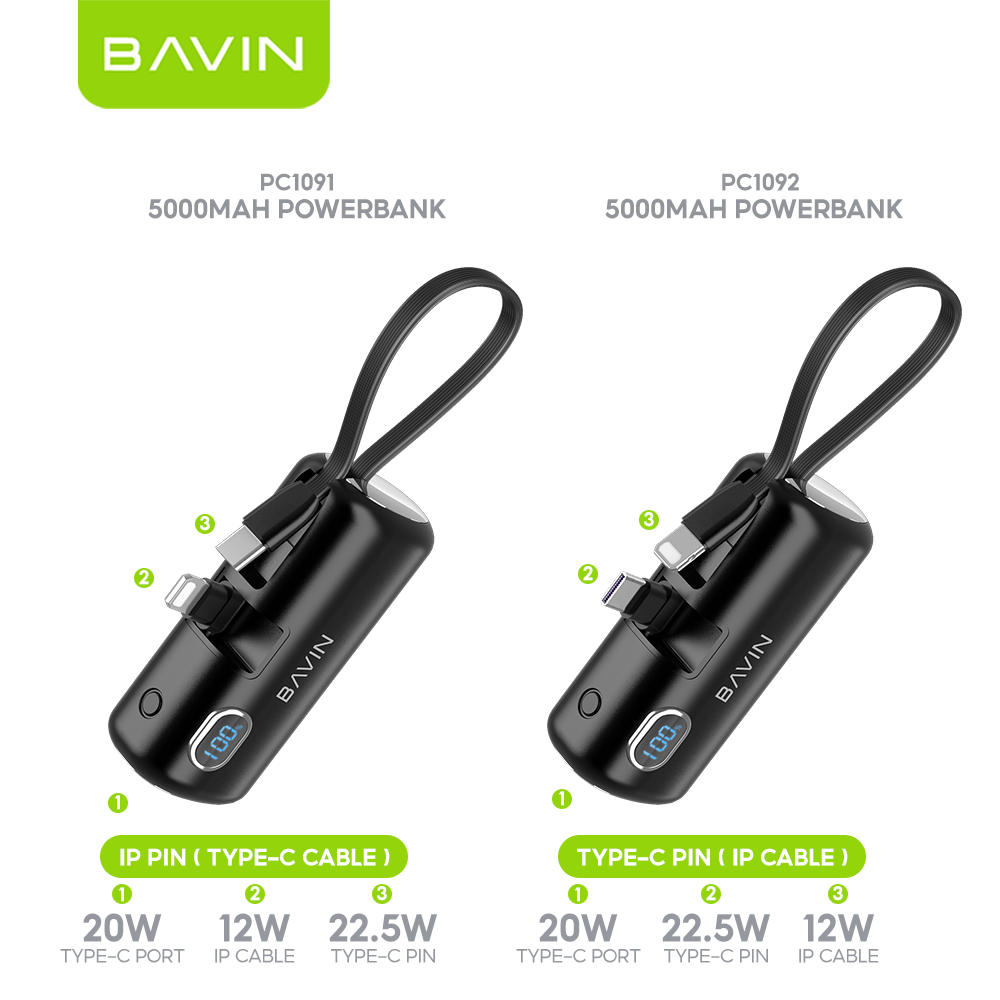 BAVIN PC1091S 5000mAh / PC1201S 10000mAh Mini Fast Charging Powerbank 22.5W USB-C Input/Output, Built-in Cable & Stand