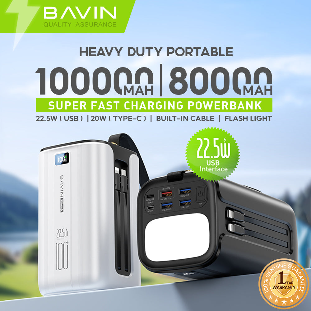 BAVIN Y-PC1057S 80000mAh / Y-PC1138S 100000mAh Heavy Duty Portable 22.5W Fast Charging Powerbank w/ LED Indicator & Flashlight