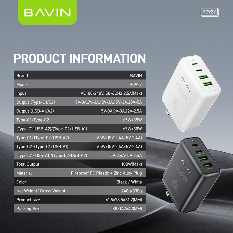BAVIN C-PC927 100W Multi-Port Fast Charger for Type-C & USB
