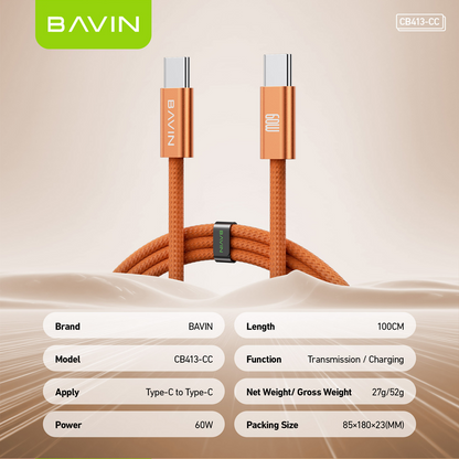 BAVIN CB413 PD 60W Type-C Fast Charging 1m Braided Cable w/ High-Speed Data Transfer for iPhone 15-17 & Android Devices