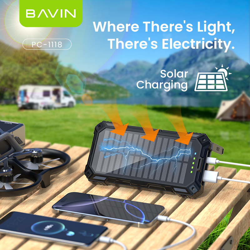 BAVIN PC1118 20000mAh Portable Wireless Solar Powerbank 22.5W Fast Charging Built-in Cable