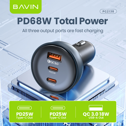 BAVIN PC2138 68W PD Fast Charging Car Charger w/ 25W 2x Type-C + 18W USB Ports QC3.0 for Phone