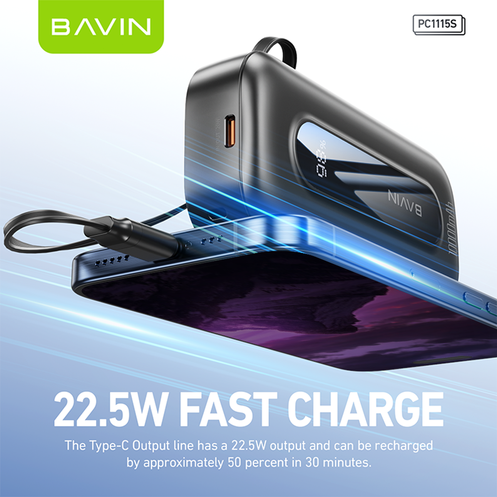 BAVIN PC1115 PD20W & 22.5W Fast Charging Powerbank 10000mAh w/ Built-In Cable Type-C for iPhone 16