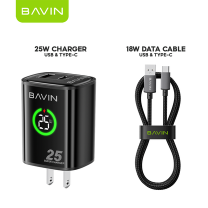 BAVIN PC2196 PD 25W+QC 3.0 Fast Charging Wall Charger Dual Ports w/ LED Display+ iPhone/Type-C Cable