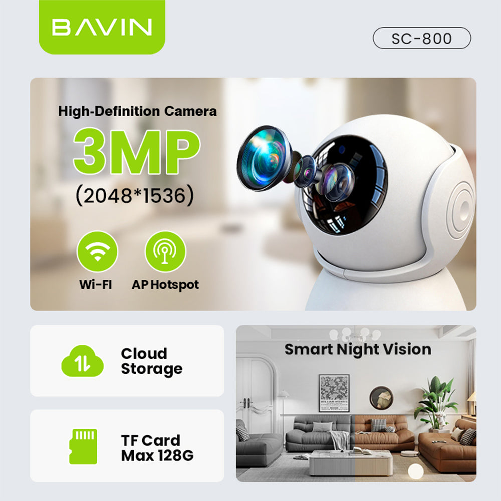 BAVIN SC800 3MP Pan/Tilt Home Security WiFi CCTV Camera | 2-Way Audio & App Control w/ Wall Stand