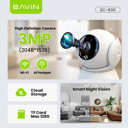 BAVIN SC800 3MP Pan/Tilt Home Security WiFi CCTV Camera | 2-Way Audio & App Control w/ Wall Stand