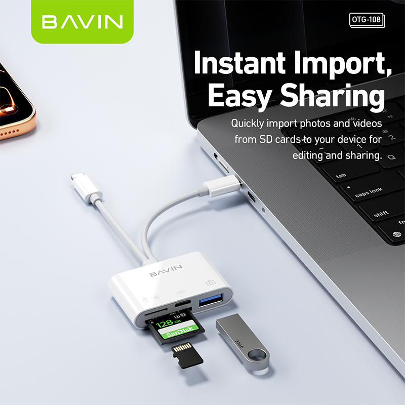 BAVIN O29 / O108 6in1 OTG Card Reader Adapter Type-C and iPhone To TF/SD+USB w/ 5Gbps Transmission