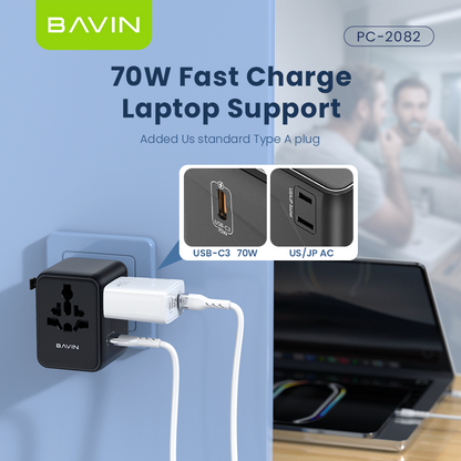 BAVIN PC2080 70W / 45W PD GaN Fast Charging Adapter & Multi-Port Universal Plug Charger for Laptop, Phones & Tablets