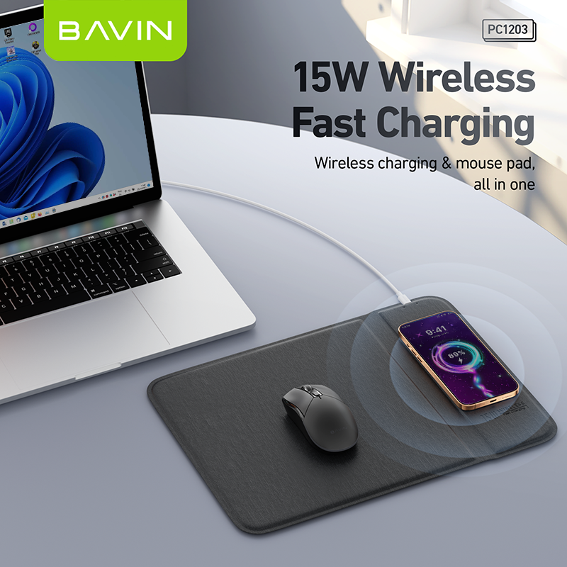 BAVIN C-W-PC1203 2-in-1 15W Wireless Fast Charging Mousepad w/ Anti-Slip Design & Qi Protocol Support
