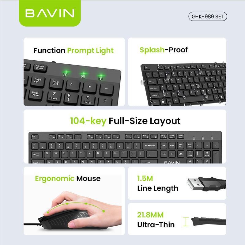 BAVIN K989 Wired Keyboard & Mouse Set Extra Durable & Splashproof Compatible for Computer / Laptop