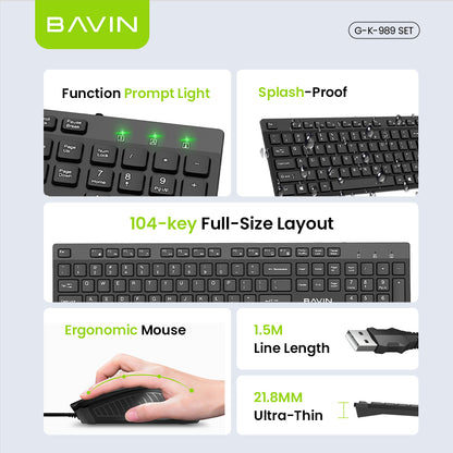 BAVIN K989 Wired Keyboard & Mouse Set Extra Durable & Splashproof Compatible for Computer / Laptop