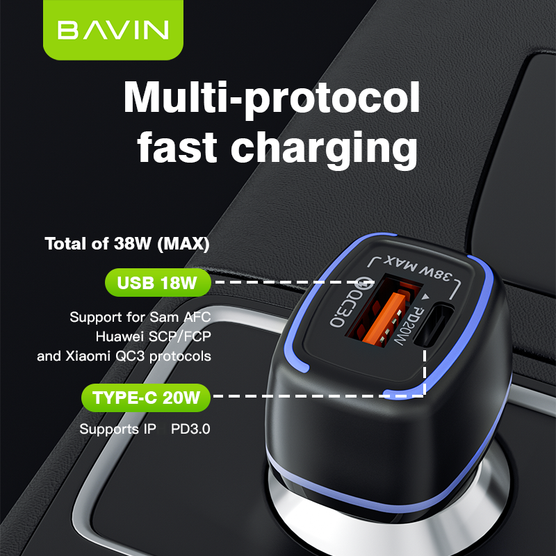 BAVIN PC876 38W Fast Charging PD QC 3.0 Dual Port Car Charger USB-C + USB-A For iPhone 17 series / Android