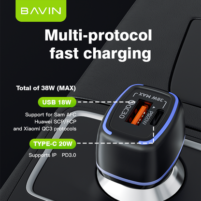 BAVIN PC876 38W Fast Charging PD QC 3.0 Dual Port Car Charger USB-C + USB-A For iPhone 17 series / Android