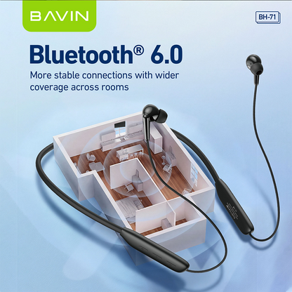 BAVIN BH71 HiFi Bluetooth 6.0 Wireless Magnetic Neckband Headphone | 15H Playtime | Game Sports Earbud