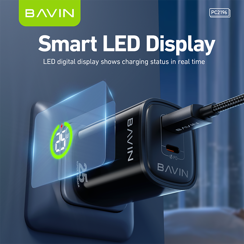 BAVIN PC2196 PD 25W+QC 3.0 Fast Charging Wall Charger Dual Ports w/ LED Display+ iPhone/Type-C Cable