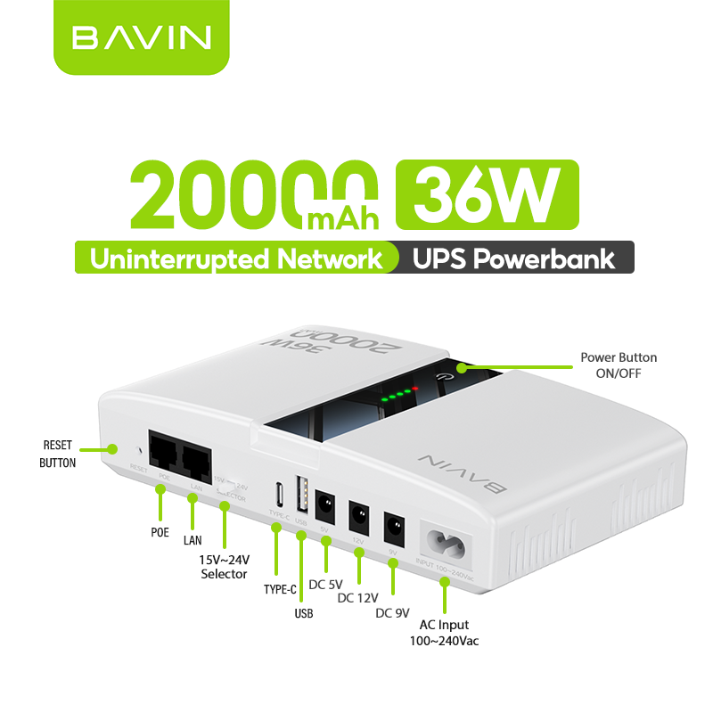 BAVIN PC1238 Portable 18W/36W 20000mAh UPS Uninterrupted Backup Powerbank for PoE Sensor, Router, CCTV