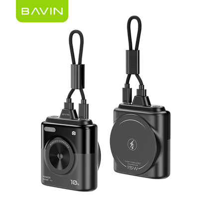 BAVIN Y-PC1186 10000mAh Mini Portable Magnetic Powerbank Wireless 15W Fast Charging w/ Detachable Dual Type-C Data Cable
