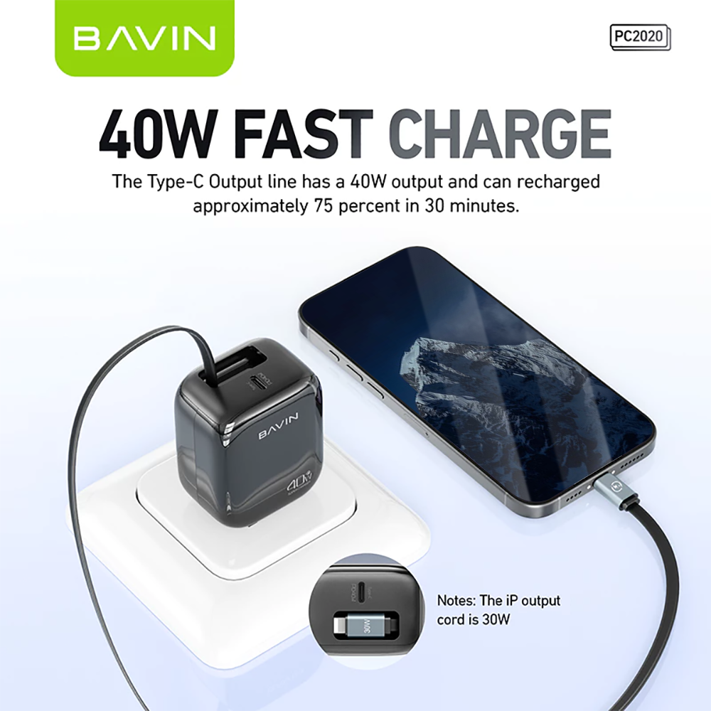 BAVIN PC2020 40W PD Fast Charging Adapter w/ 70cm Retractable iPh Cable for Smartphones (Supports iPh17 Series)
