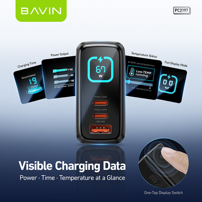 BAVIN PC2197 67W PD GaN Fast Charger w/ Smart LED Display + Foldable Plug + 3 USB Ports for Laptop, iPhone 17