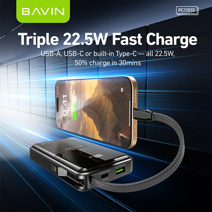 BAVIN PC1151 10000mAh Powerbank w/ 22.5W Triple Fast Charging Built-in Type-C & iPhone Cables | Smart LED Display