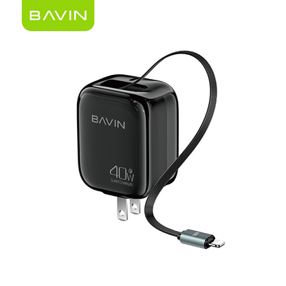 BAVIN PC2020 40W PD Fast Charging AC Adapter Built in Retractable iPhone Cable for iPhone 17/Android /Laptop