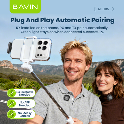 BAVIN MP105 Dual Wireless Microphone 50m Range, Plug & Play w/ 3-Mode Noise Cancellation, Case & LED for Type-C/ iPhone