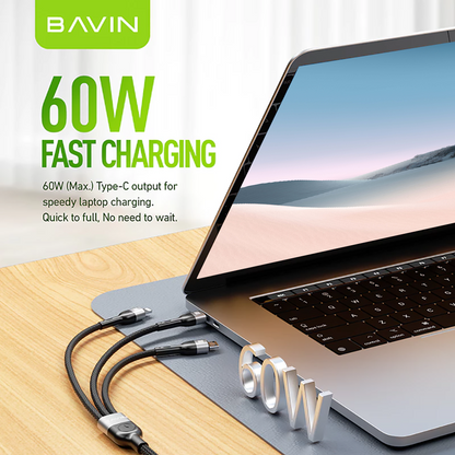 BAVIN CB236 3-in-1 60W 30W 18W Fast Charging Nylon Braided & Data Transfer Cable for iPh & Android (Supports 17 Series)