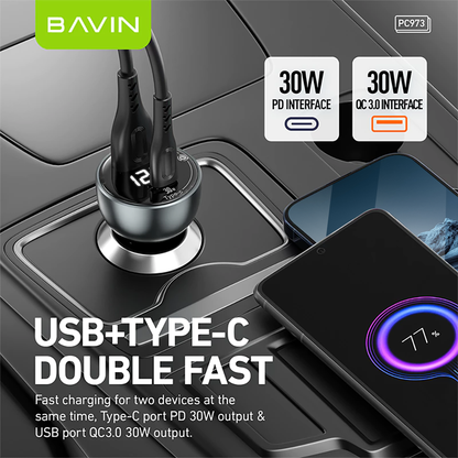 BAVIN C-C-PC973 PD30W Fast Car Charger w/ QC3.0 & LED Display