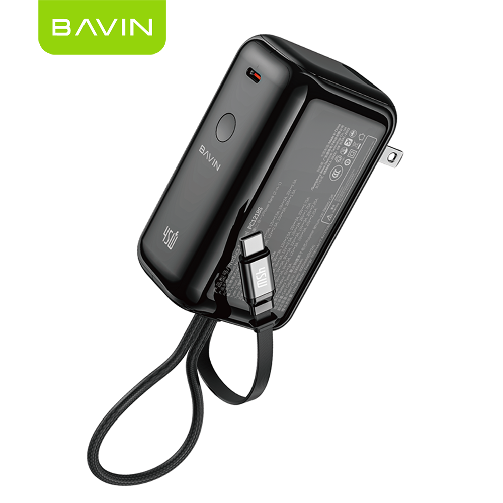 [CCC] BAVIN PC1218 2in1 Portable 10000mAh 45W PD Fast Charge Power Bank Built-in Type-C Cable + AC Plug