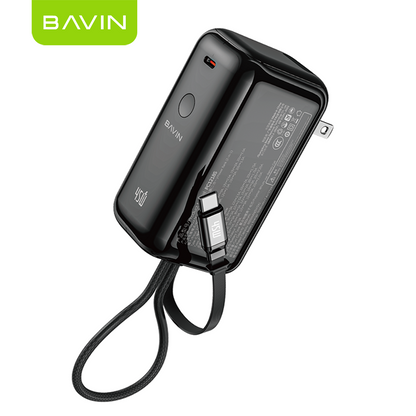 [CCC] BAVIN PC1218 2in1 Portable 10000mAh 45W PD Fast Charge Power Bank Built-in Type-C Cable + AC Plug