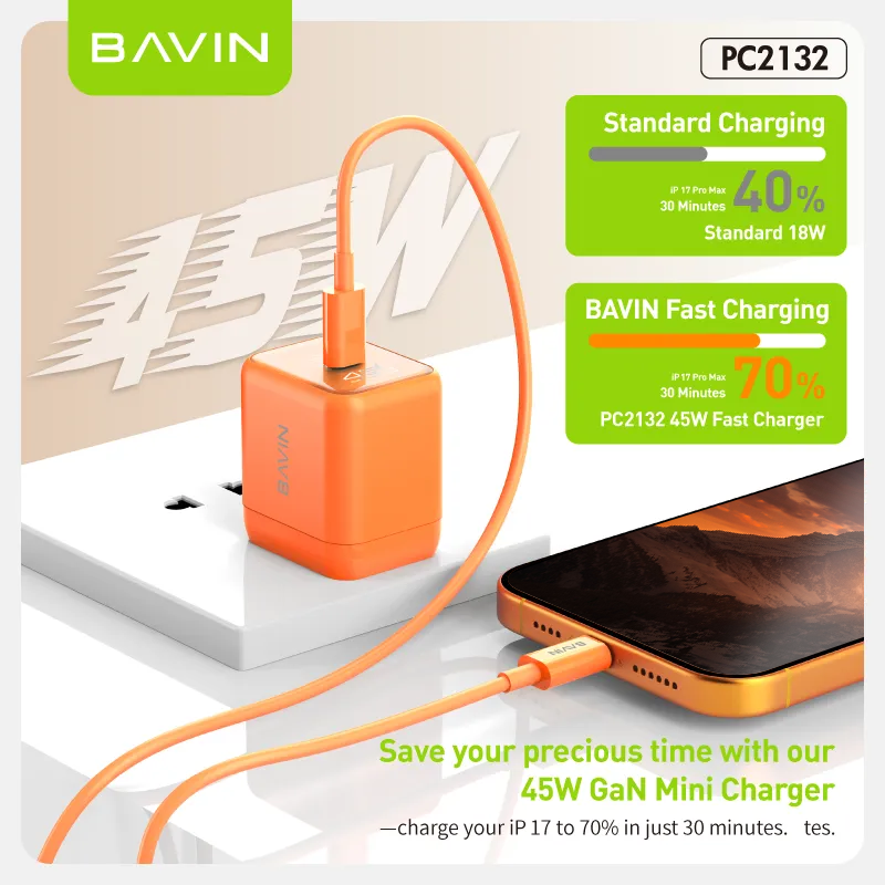 BAVIN PC2132 GaN 45W PD Mini USB-C Fast Charger Wall Adapter w/ Cable for iPhone 17 & Android Devices