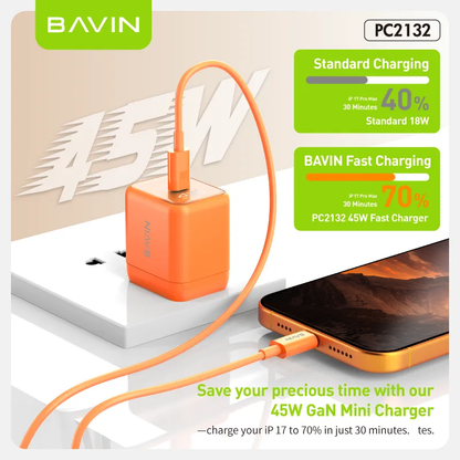 BAVIN PC2132 GaN 45W PD Mini USB-C Fast Charger Wall Adapter w/ Cable for iPhone 17 & Android Devices