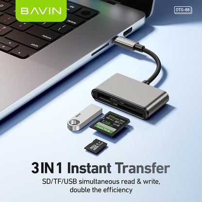 BAVIN O88 OTG 3in1 Card Reader Adapter for USB/TF/SD Card w/480Mbps Data Transfer for Laptop, Phones