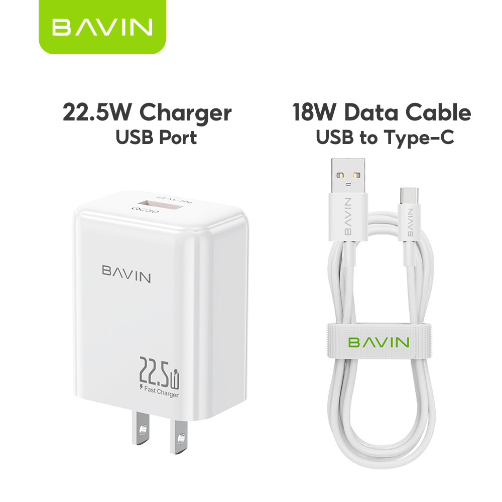 BAVIN PC2091 22.5W PD Fast Charging Charger Adapter USB Port &1 Meter Cable for Micro / Type-C /iPhone