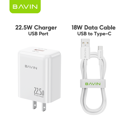 BAVIN PC2091 22.5W PD Fast Charging Charger Adapter USB Port &1 Meter Cable for Micro / Type-C /iPhone