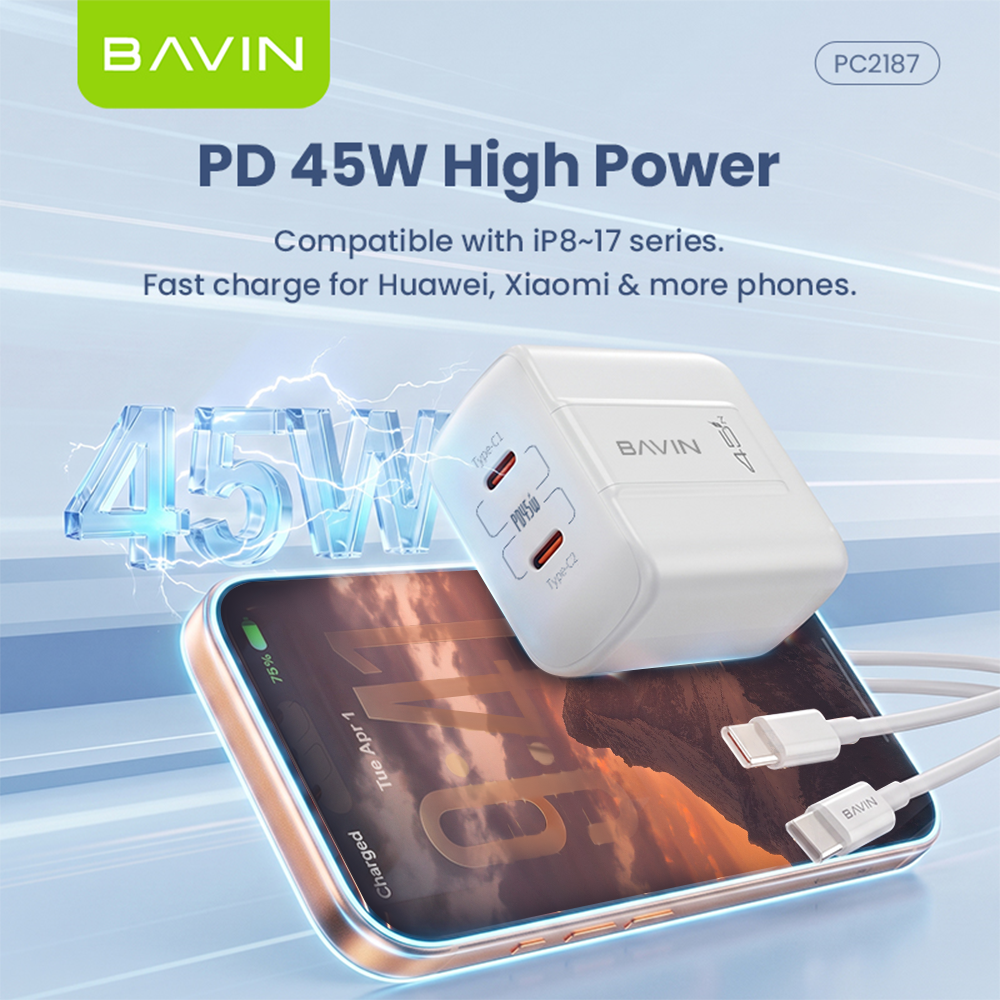 BAVIN PC2187 Portable 45W PD Fast Charger Dual USB C Wall Adapter w/ 1M Cable for iPh 17/Android/Laptop
