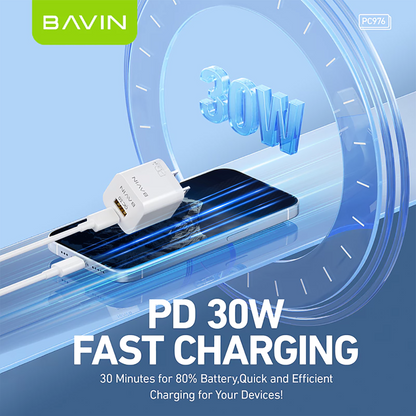 BAVIN PC977 GaN 30W PD Super Fast Charging Adapter USB-C & USB Port for iPh, Laptop & Android (Supports 17 Series)