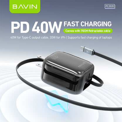 BAVIN PC2020 40W PD Fast Charging AC Adapter Built in Retractable iPhone Cable for iPhone 17/Android /Laptop