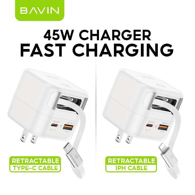 BAVIN C-PC2073 45W PD Fast Charger w/ Built-in Retractable Type-C & iPh Cable, Compatible w/ Smartphone / Laptop & Tablets