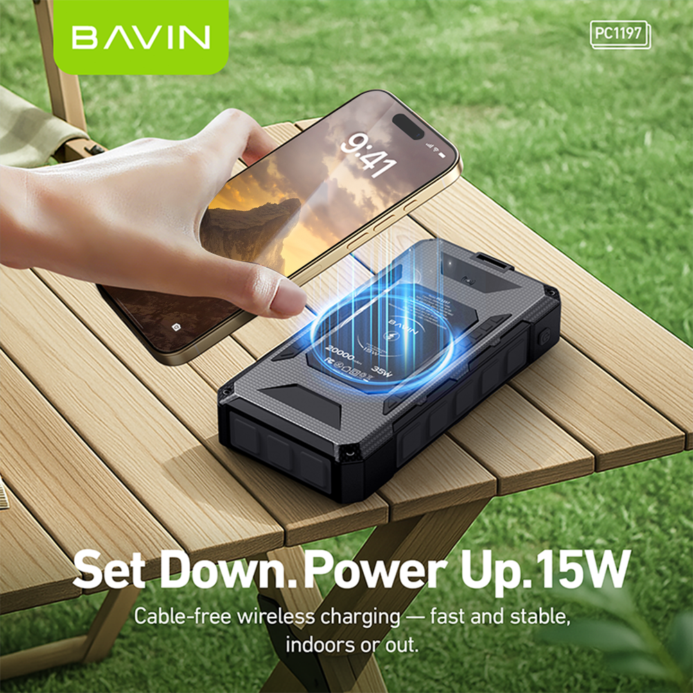 BAVIN PC1197 20000mAh Solar Powerbank 35W Type-C Fast & 15W Wireless Charging w/LED Light, 3 Outputs