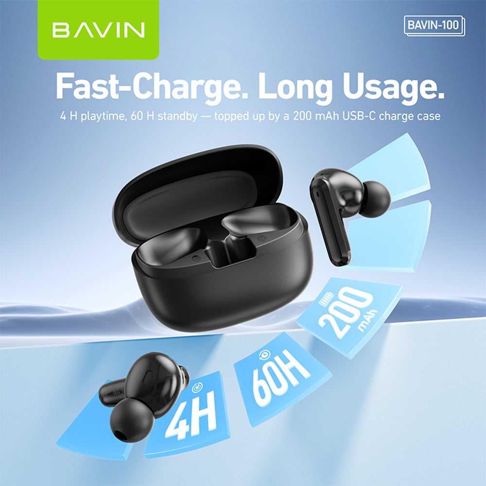 BAVIN HB-BA-100 Wireless Earbuds Bluetooth Hi-Res Audio w/ Touch Control & Mic/ Type-C 4H Playtime Earphones
