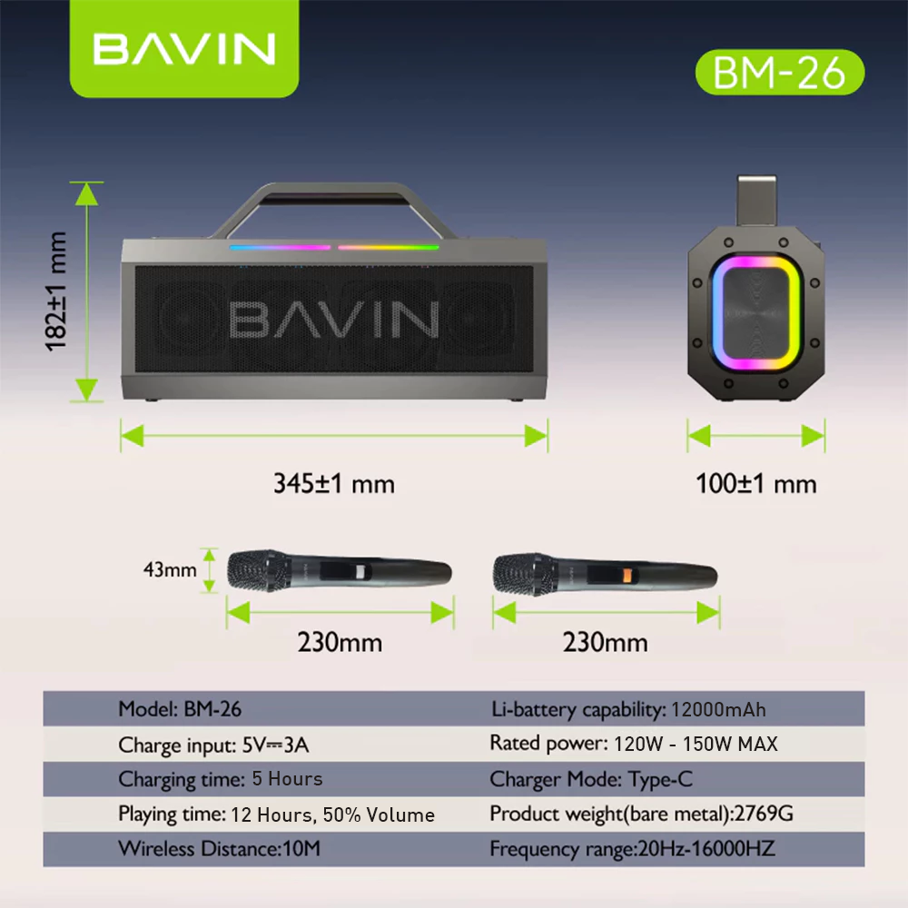 BAVIN BM26 Outdoor Bluetooth Speaker Splash-Proof & Durable with 2 Wireless Microphones